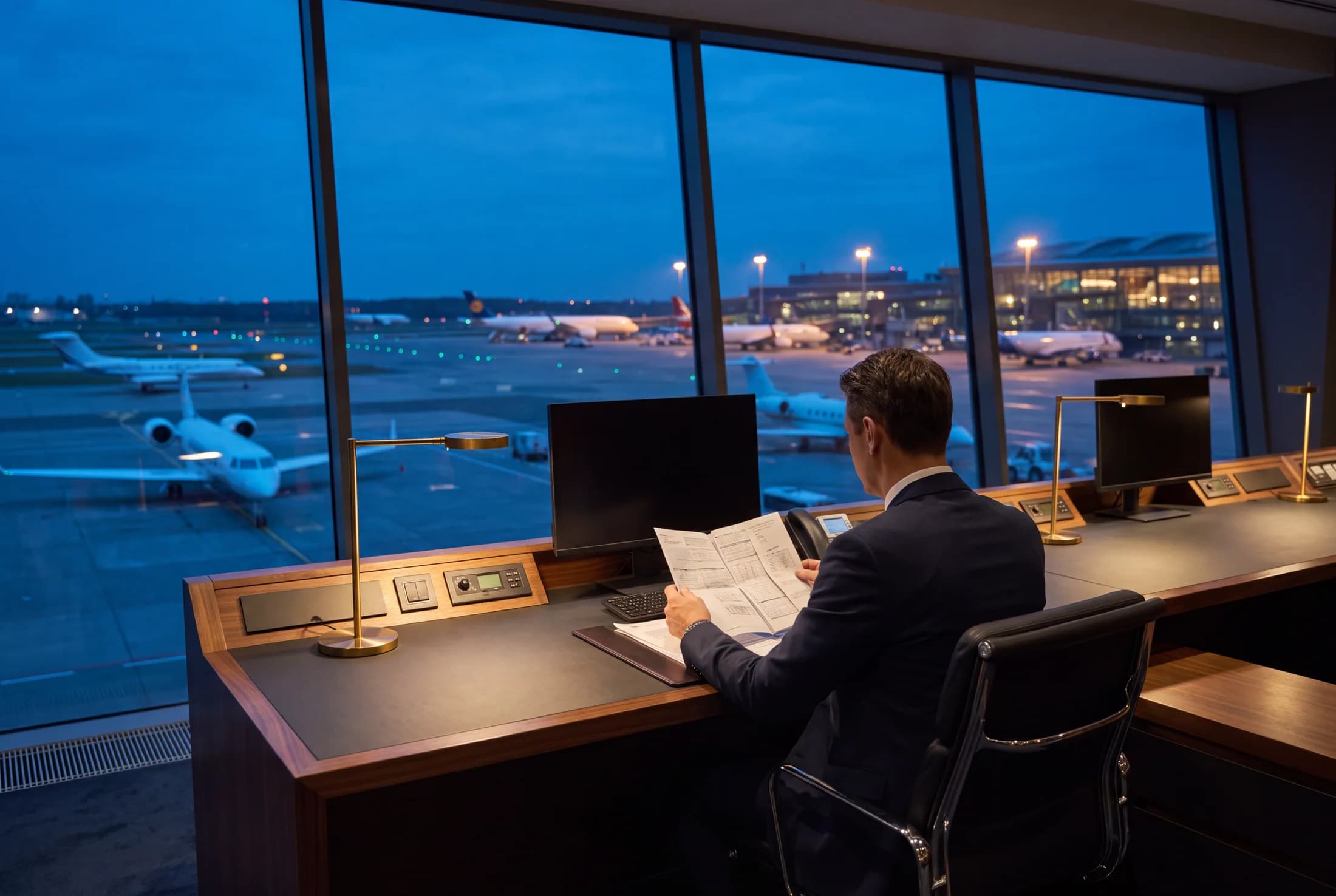 Aviation operations specialist reviewing flight plans above an international airport